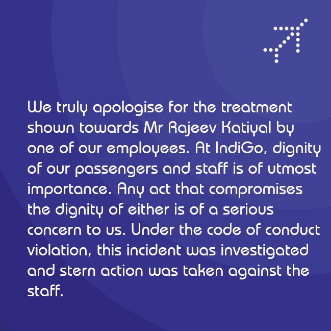 IndiGo6E's tweet photo. We truly apologise to  Mr. Rajiv Katiyal for this incident &amp; assure him that the employee has been terminated. https://t.co/9xZcSftgit