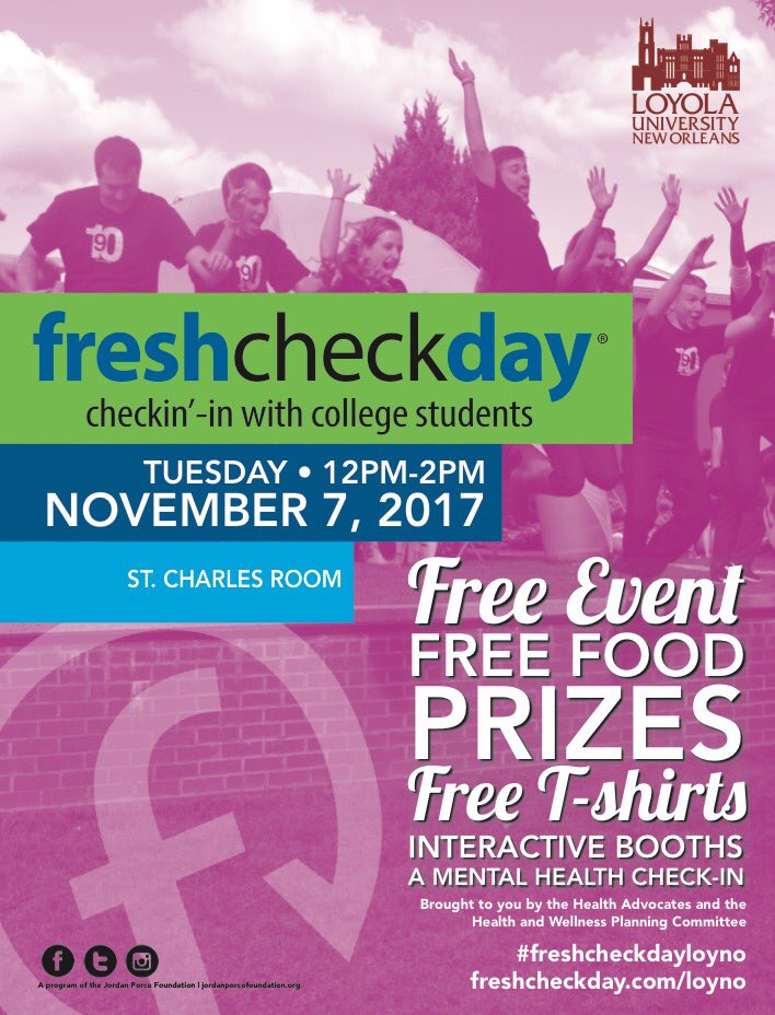 DonnelleyCenter's tweet photo. #freshcheckdayloyno ✔️ Free food, t-shirts, and mental health checks TODAY in the St. Charles Room from 12-2pm! #MentalHealthMatters https://t.co/aj1uUfCymy