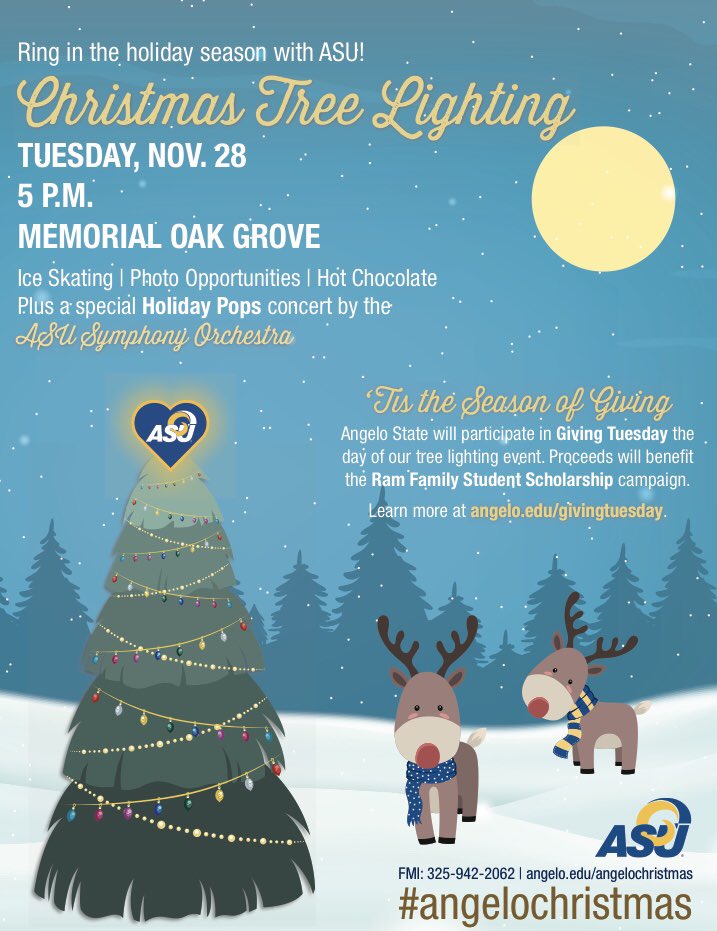AngeloStateSGA's tweet photo. If you didn’t catch us at the last Ram Jam be sure to see the attached flyer and come out to the tree lighting! ‘Tis the season of giving! https://t.co/5ydfdAJ7tq