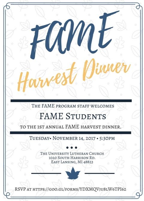 MSUFAME's tweet photo. FAME STUDENTS! 
RSVP to the FAME Harvest Dinner! 🦃
https://t.co/w8nwn2At5m…/1FAIpQLSewVolNeDoIyKClin…/viewform https://t.co/GVXjKx6vdQ