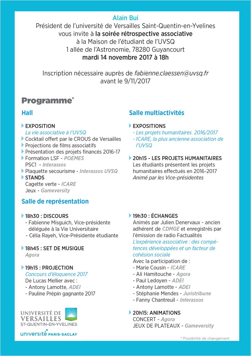 1e Soirée rétrospective associative <a href="/uvsq/">UVSQ</a> 
> 14 novembre, 18h/21h Maison de l'Etudiant
Expos, témoignages, échanges
bit.ly/2jblQUI