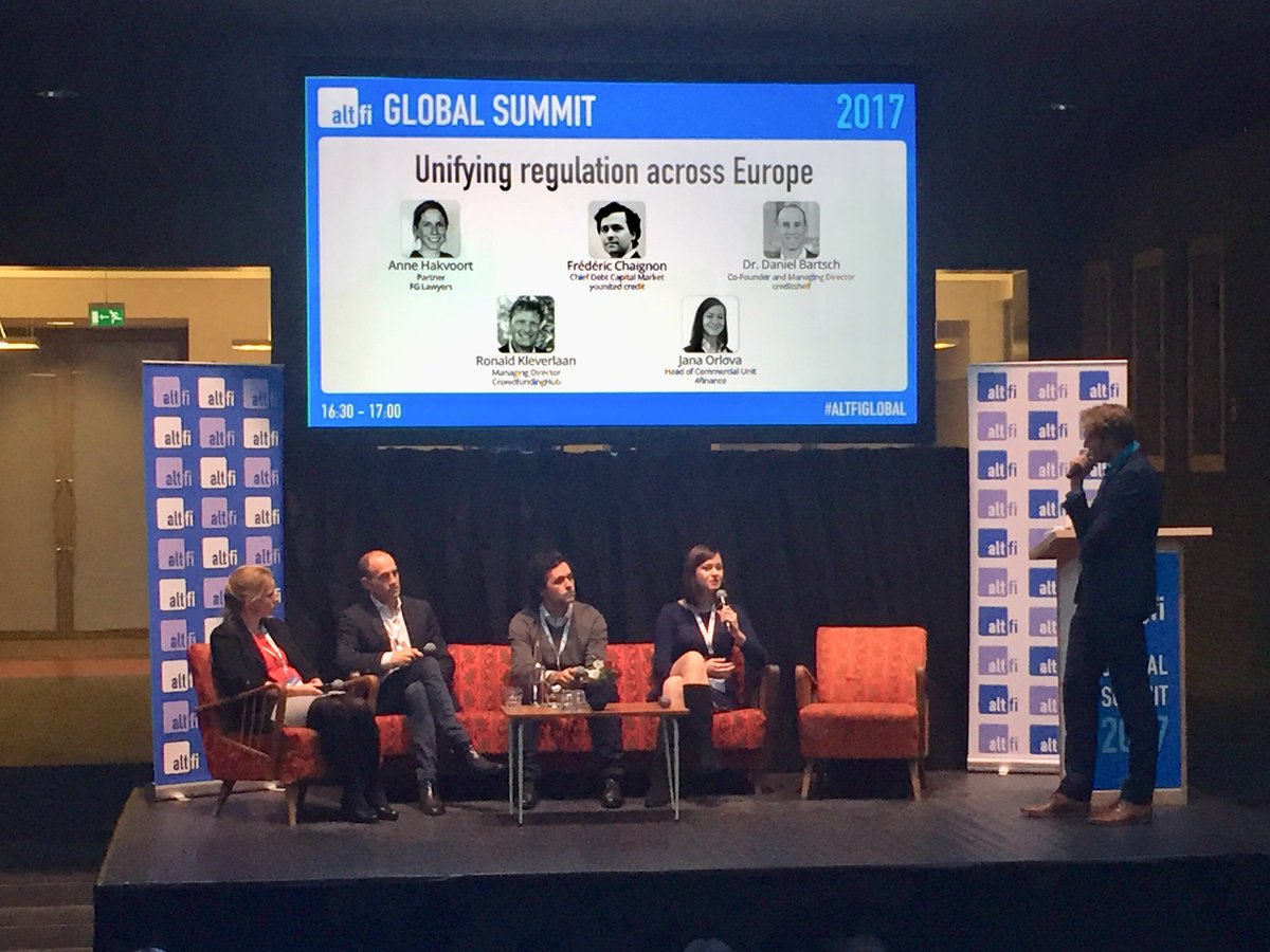 AltFiNews's tweet photo. Regulation Panel at #AltFiGlobal moderated by @kleverlaan and featuring @fglawyers @younited @4financeLimited @creditshelf https://t.co/5yvAO7wDLE