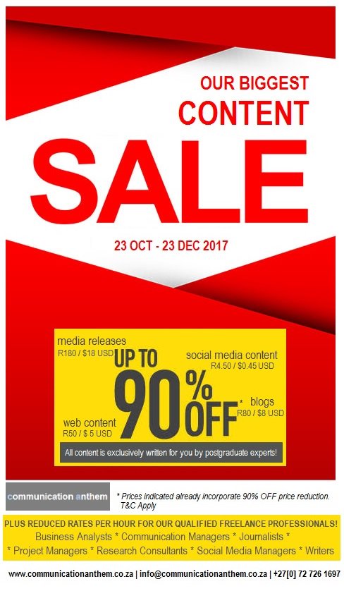 CommsAnthem's tweet photo. Get up to 90% OFF press releases, blogs, web content etc until 23/12/2017. Written by postgraduate experts https://t.co/xO6J6q0Mnk T&amp;C Apply https://t.co/BQfTWwa6Ia