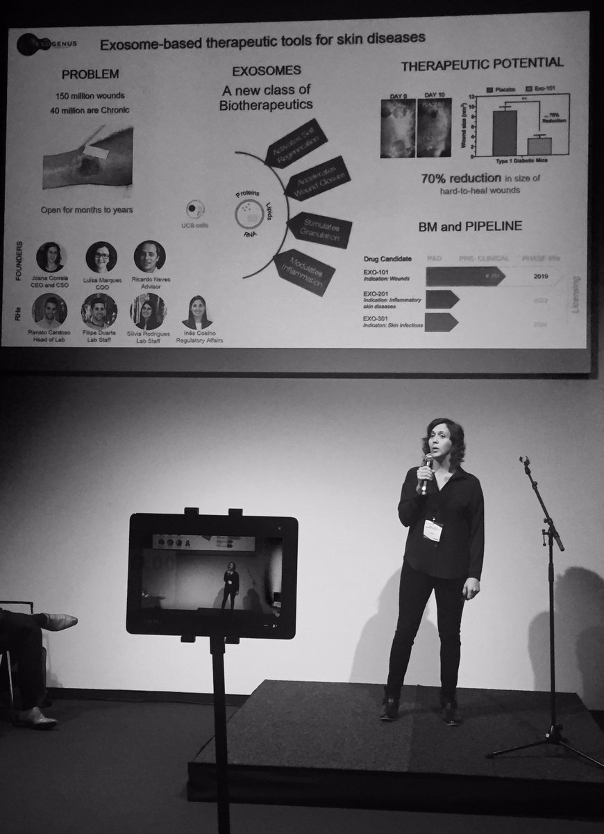 Last startup @ #StartupSlam: Exogenus targets skin lesions. Their platform tech uses exosomes secreted from umbilical cord #BIOEUROPE