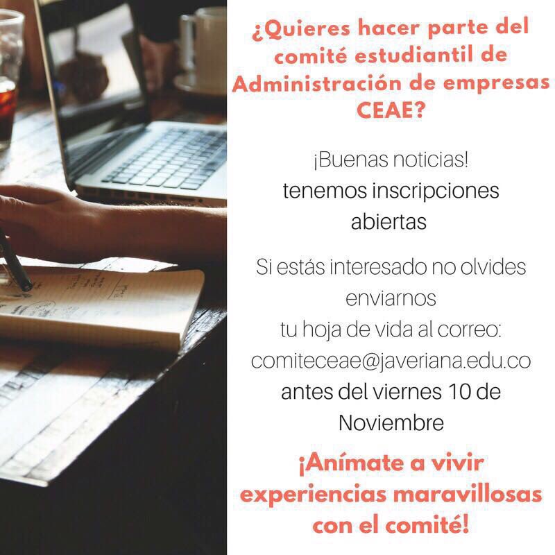 CEAEjaveriana's tweet photo. ¿Quieres hacer parte de CEAE? Envíanos tu hoja de vida antes del viernes 10 de Noviembre. https://t.co/K72hsGWlzq