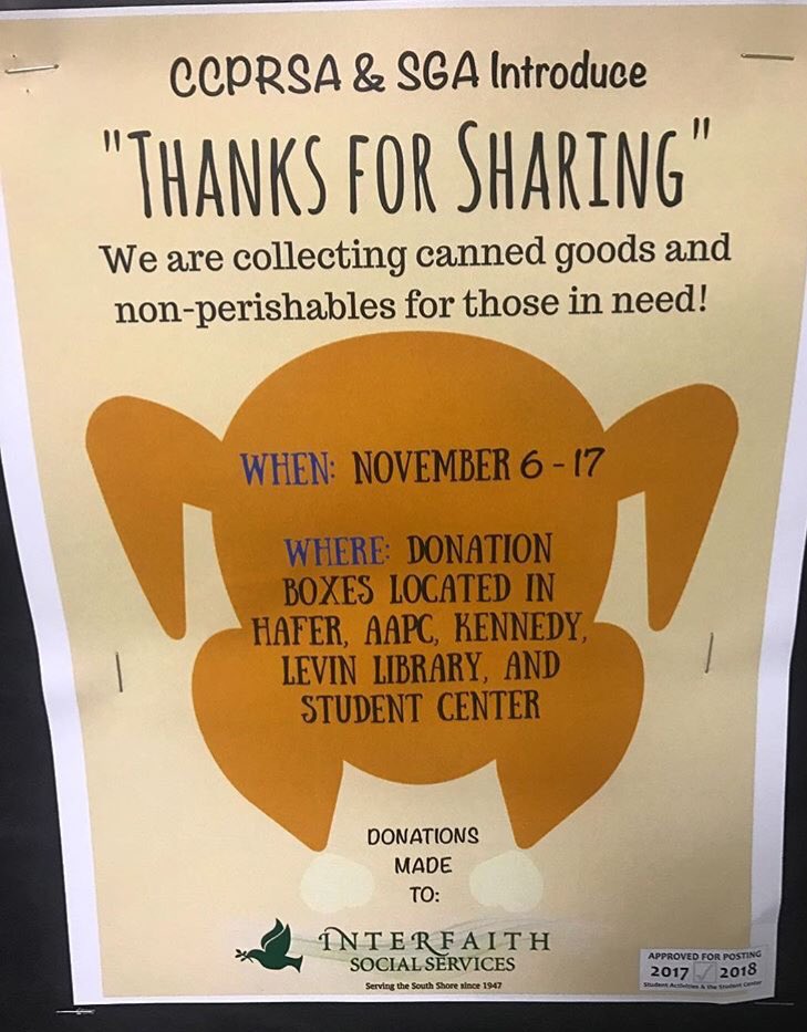 CCPRSA's tweet image. In collaboration with SGA, we are hosting a food drive for the Thanksgiving season! Non-perishables and canned goods may be dropped off in any of the boxes listed below.