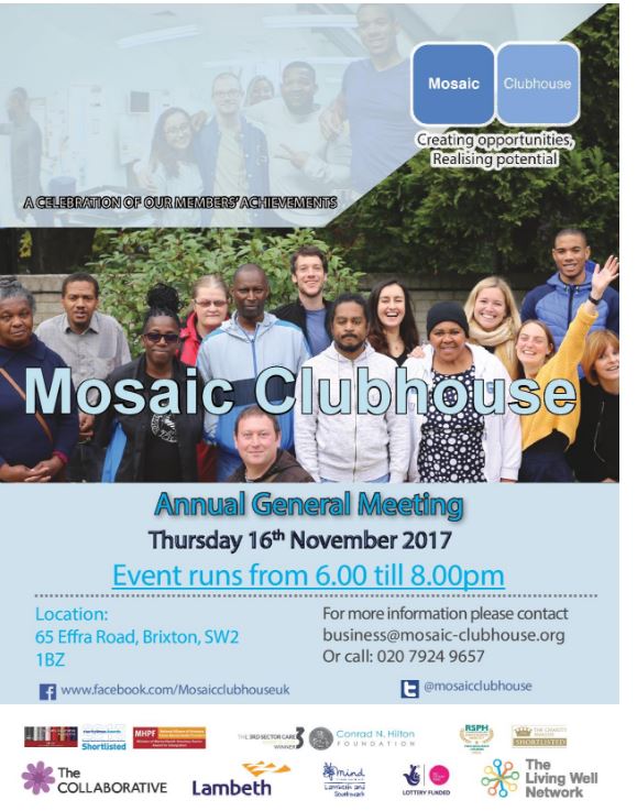 MosaicClubhouse's tweet photo. It's our AGM! We'd love you to celebrate our members achievements with us! @helenhayes_ @cllrpeck @EdDavie @jahkey2u #Lambeth #mentalhealth https://t.co/nKVlnLdBnT