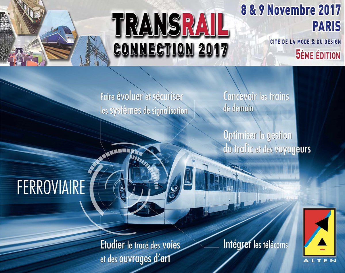Alten_france's tweet photo. Retrouvez les experts Ferroviaire ALTEN au Salon TransRail Connection 2017 du 8 au 9 Novembre à Paris https://t.co/ie9EsJ20JB #Ferroviaire https://t.co/mf2nvKRglY