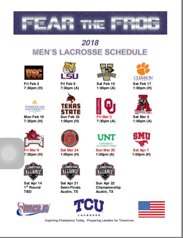 TCUFrogsLax's tweet photo. 2018 official schedule! Who's ready for the spring? #FrogTrain https://t.co/BM0BN1yjw3