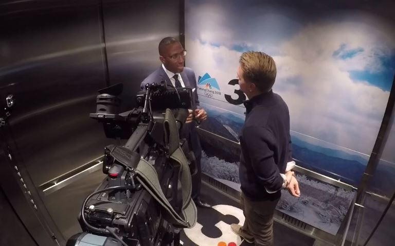 KimWendel's tweet photo. We have a beautiful elevator @wkyc and got creative with an election interview today @NBCOlympics @TEGNA @WillUjek #TimCoffey #ElectionDay https://t.co/W3oSJ3MtcU