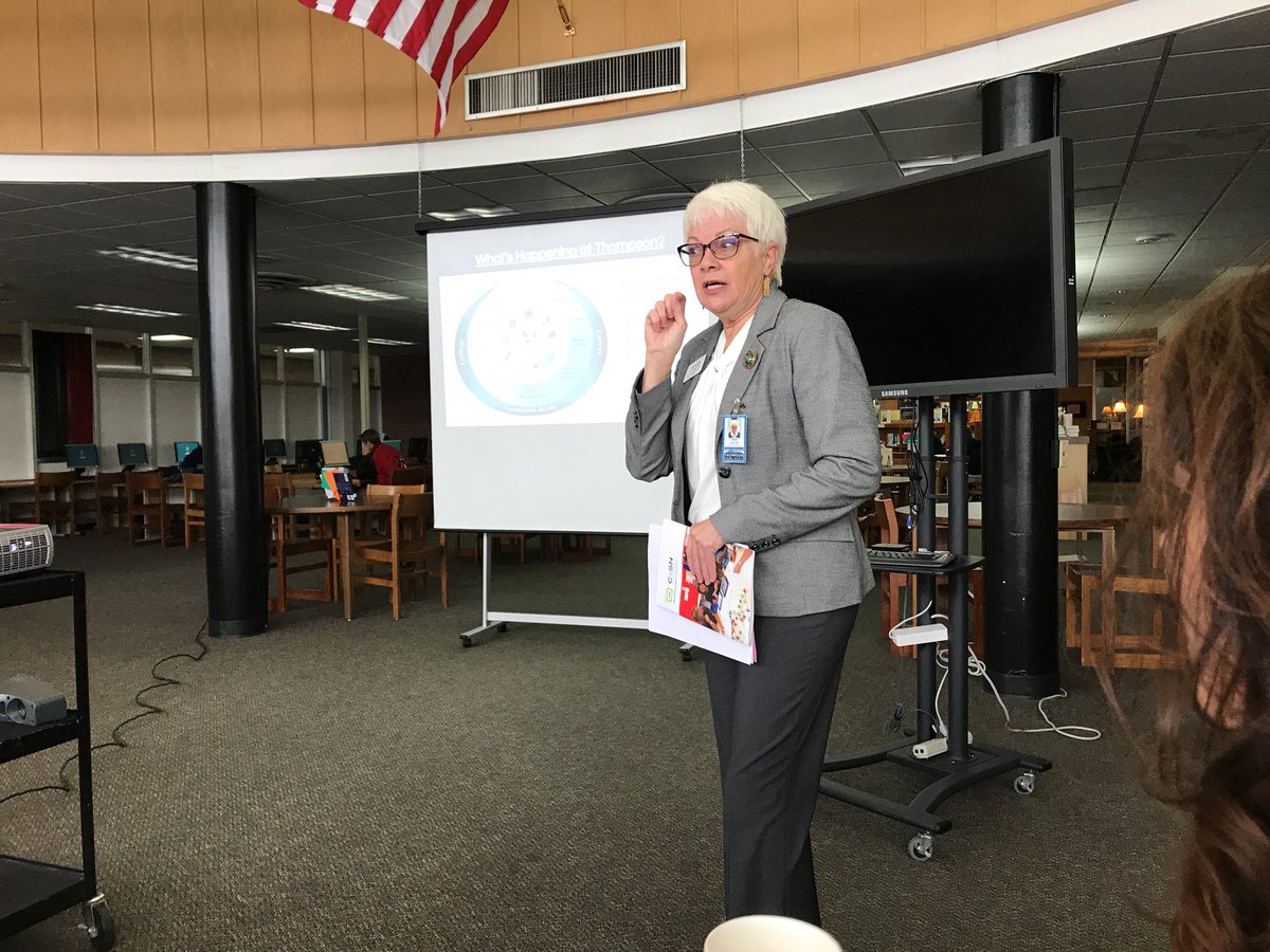 teachtechpsd's tweet photo. Jo Conlon shares how Thompson Schools empower students to learn, challenge to achieve, and inspire to excel at the #CoTLF team meeting. https://t.co/sn2qFih5zV
