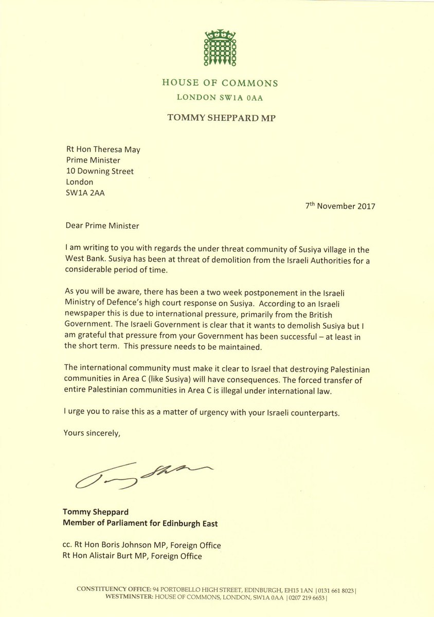 My letter to the PM to demand UK Gov challenges Israel on plans to demolish West Bank village #Susiya. Two week reprieve not good enough