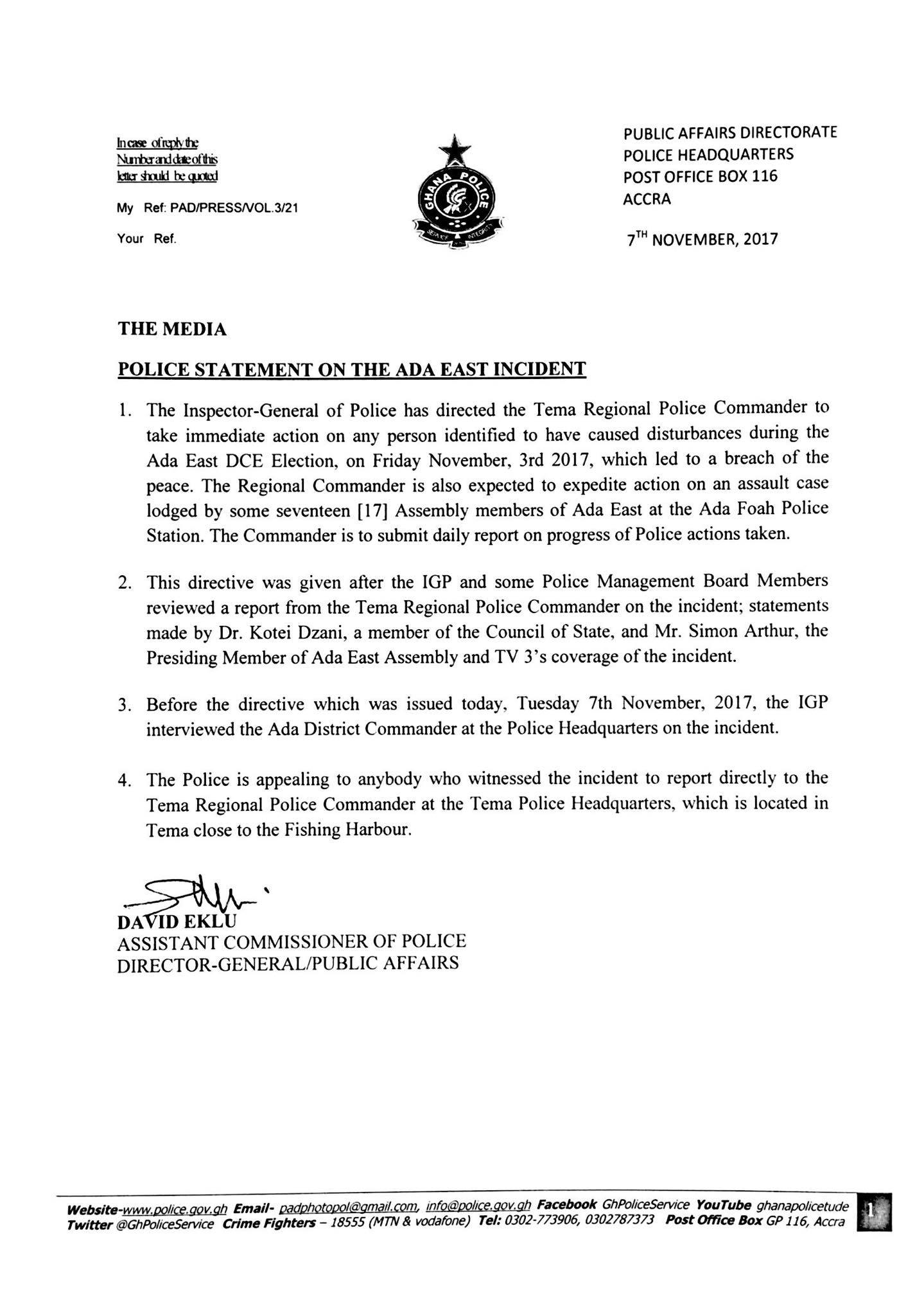 Ghana Police Service na Twitteru: "POLICE STATEMENT ON ADA EAST