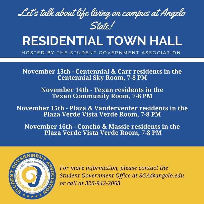 AngeloStateSGA's tweet photo. We need your help to create a better Angelo State. Put these town halls in your calendar! https://t.co/aQ9Ouyv4ow