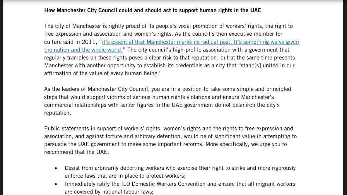 8. Letter did not object to Abu Dhabi investment but urged Manchester to stand by its principles
