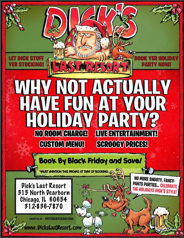 DicksaysChicago's tweet photo. @DicksaysChicago is your place to have a FUN party!  #Dick's Last Resort 315 N. Dearborn, Chicago IL  Book now and SAVE! #HolidayParty #FUN https://t.co/VY22PWsF8C