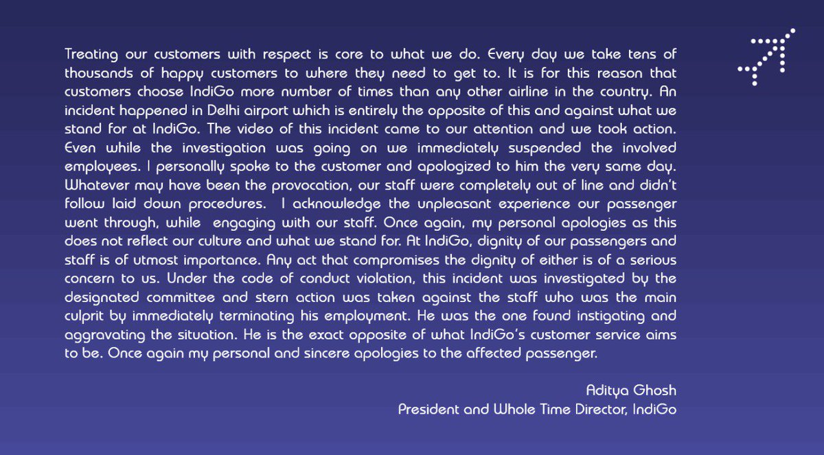 IndiGo6E's tweet photo. We condemn the actions of our staff &amp; have taken stern action. We truly apologize for this. Such behavior is unacceptable - @AdityaGhosh6E https://t.co/lGNT8An7rQ