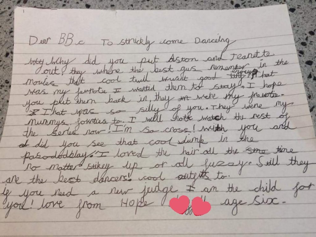 clarrie12's tweet photo. @AstonMerrygold @JManrara think u will love 6 year old Hope's letter to @bbcstrictly. U guys are her fave in #Strictly2017 . https://t.co/ZEnRtwpMEh