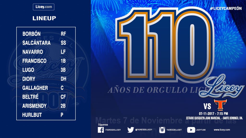 TigresdelLicey's tweet photo. #AlineaciónAzul para nuestro partido de esta noche recibiendo a los @TorosdelEste 

#AniversarioAzul #Aniversario110 https://t.co/YzbgKDE5s8