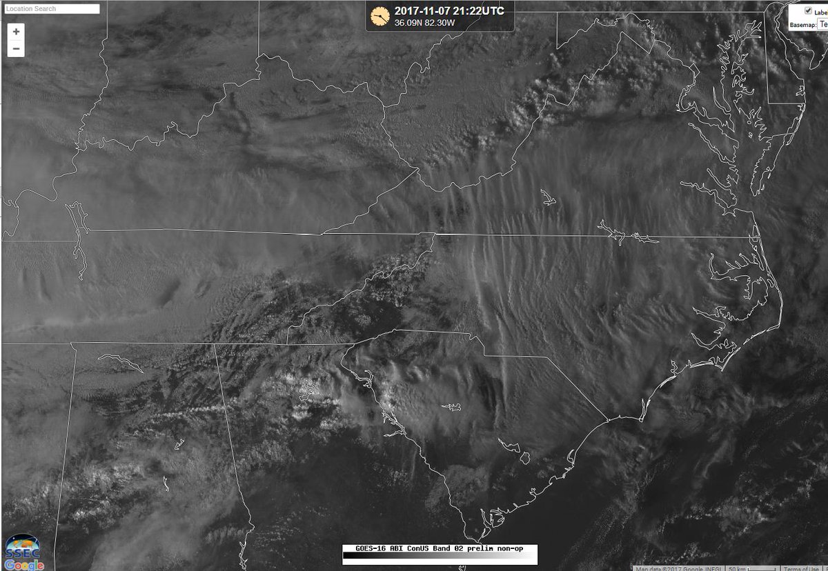 WX_Overlord's tweet photo. Mountain waves across #NCwx North Carolina on Goes16 prelim/non-op frm @UWSSEC & assoc #turbluence #pireps A bit choppy! #RDUwx #CLTwx #VAwx https://t.co/EbARKterof