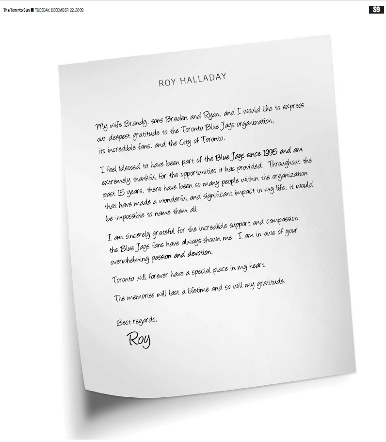 Here's Roy Halladay's thank-you letter in <a href="/TheTorontoSun/">Toronto Sun</a> to fans in T.O. following his departure from the Blue Jays. Dec. 22, 2009. #RIPDoc