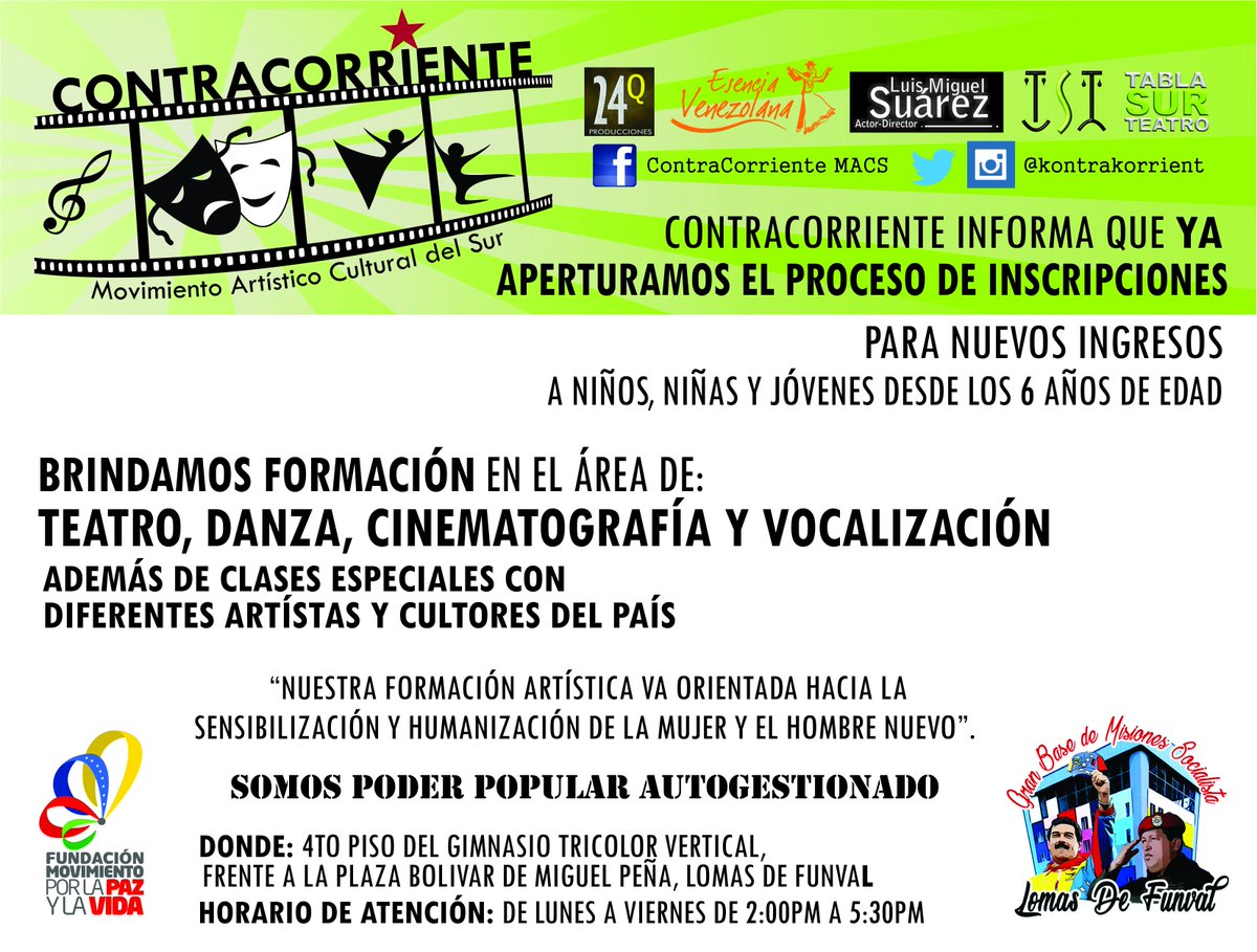 KontraKorrient's tweet photo. Abiertas Inscripciones #ContraCorriente 
TEATRO - DANZA - CINEMATOGRAFIA - VOCALIZACIÓN .
Horario de atención al Publico: de 2:00pm a 5:30pm https://t.co/8nj83Dt6wf