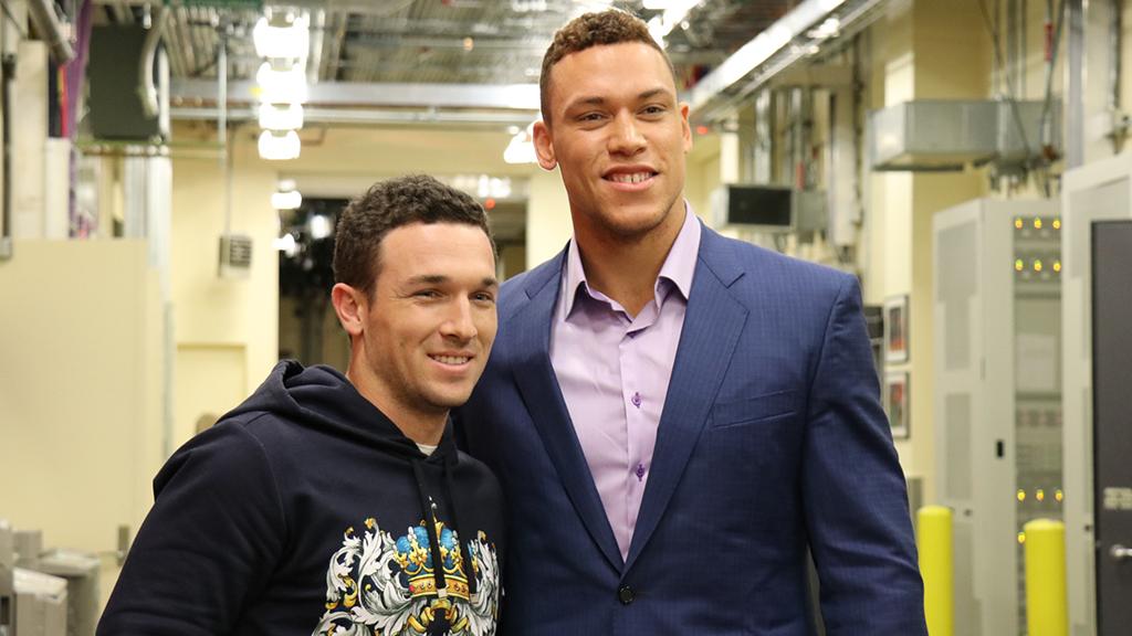 MLB's tweet photo. .@TheJudge44 congratulates @ABREG_1 on his club's #WorldSeries win as the two studs cross paths at @ESPN Studios. https://t.co/TxlsQMoEgf