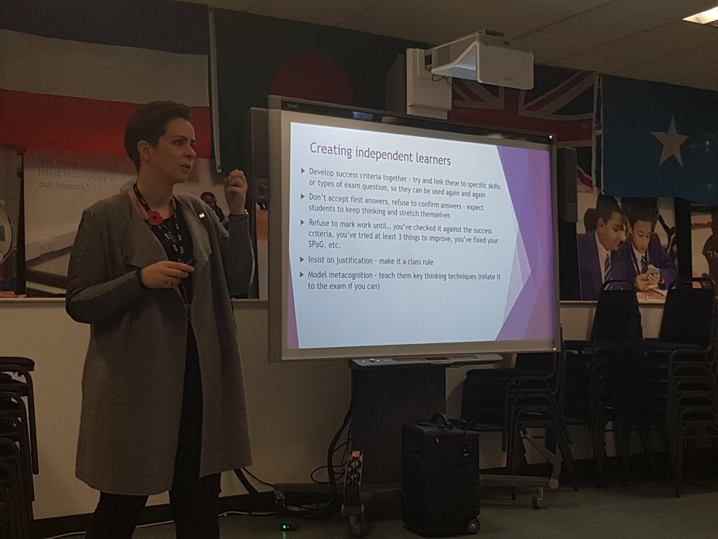 Bradders1901's tweet photo. Miss Dr Grove talks about how developing independent learners will encourage deep learning #TMLEA https://t.co/MuZJnnM8BS