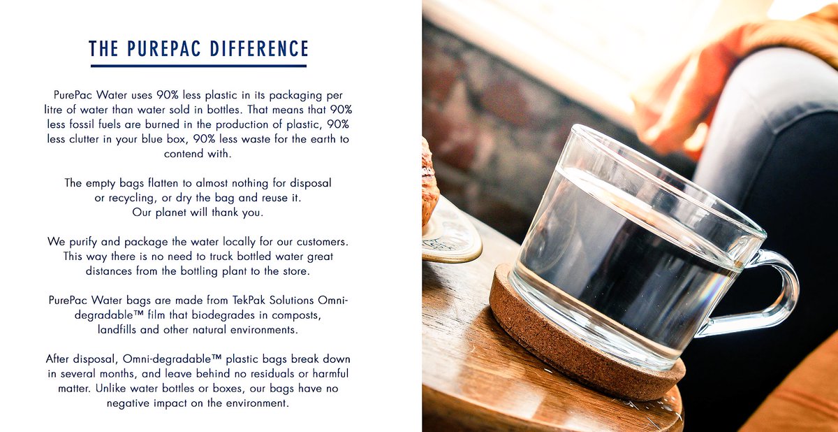 PurePacWater's tweet image. What makes #PurePacWater different? We use 90% less plastic in its packaging per litre of water than water sold in bottles 💦
