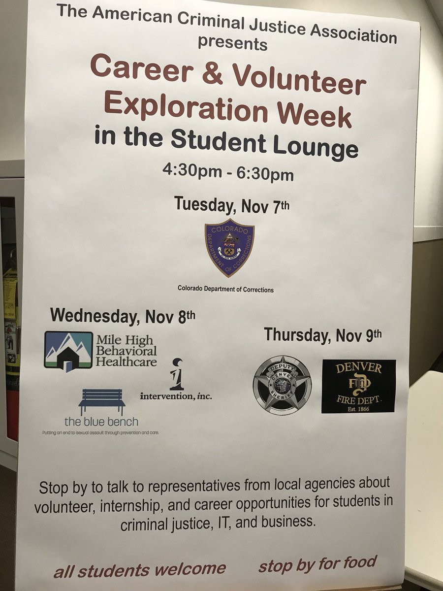 MarissaBanker's tweet photo. Join us for Day 2 of Criminal Justice Week featuring recruiters from the Department of Corrections from 4:30- 6:30pm @ctuniversity Aurora https://t.co/OW4Iz48vvb