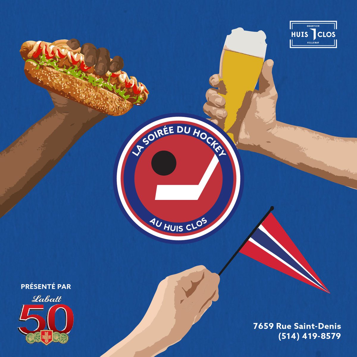Au #HuisClos, la séquence gagnante, c’est: un hot dog Ils en Fument du Bon et une pinte de bière pour 10$! On t’attend à la Soirée du Hockey (pas de son), une présentation de Labatt 50. 🍻