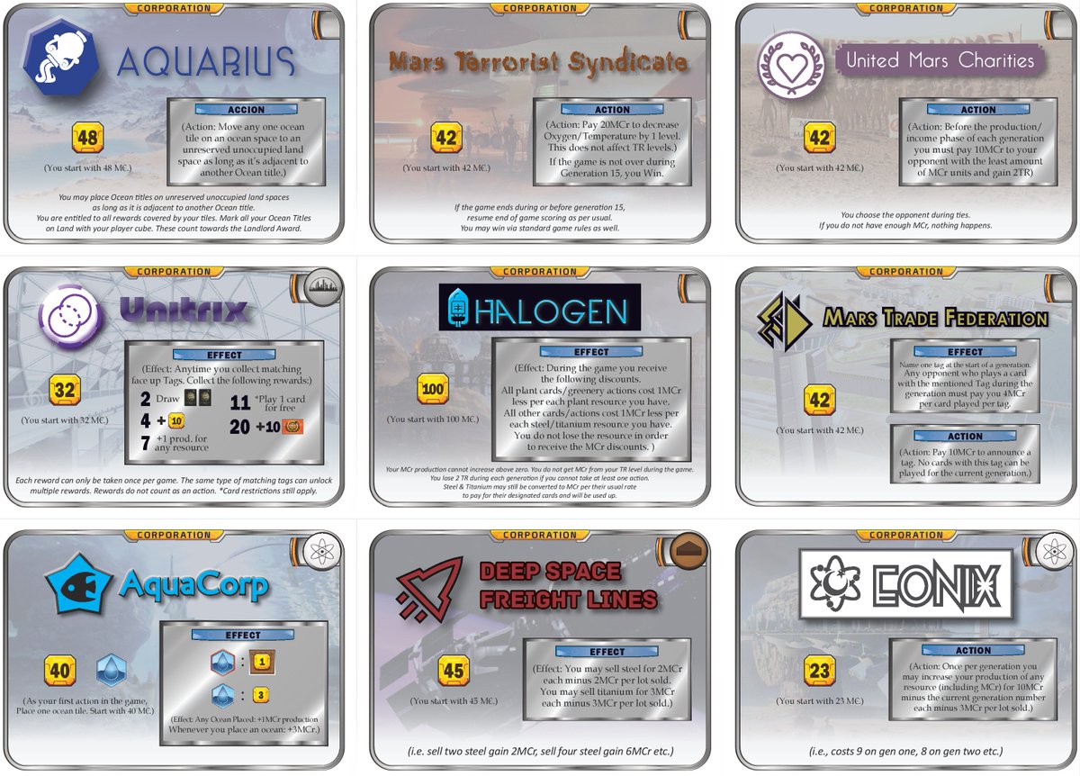 お金ないんでルール読んで妄想遊戯 On Twitter テラフォーミング マーズ 非公式の新企業22社 ファン拡張 Https T Co Ua8tiybkh6 Bggで無料公開されている非公式の新企業22社をまとめたpdfファイルを紹介 手元に日本語ルールがなく正確さには欠けるが