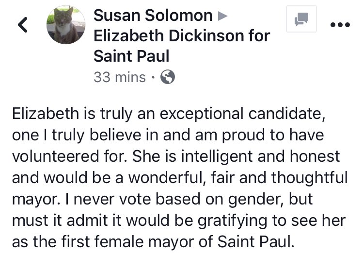 This is very gracious - thank you so much for your support Susan!
#StPaulMayor #ElectionDay