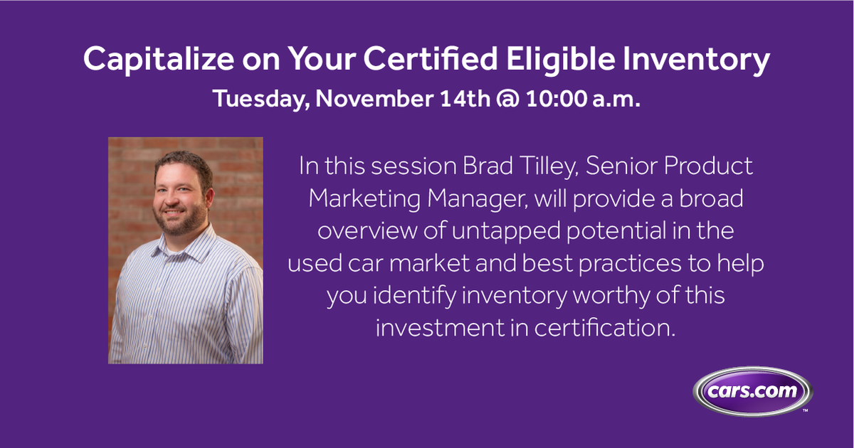 Cars_Commerce's tweet photo. #UsedCarWeek is in 1 week! Don't miss your chance to hear Brad Tilley speak about #CertifiedPreOwned. @UsedCarWeek https://t.co/64CtkQDhY4