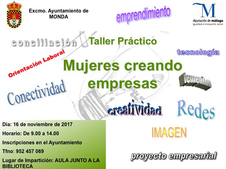 igualdadmlg's tweet photo. Los talleres "Mujeres Creando Empresas" estarán en Monda el 16 de noviembre para formarte como empresaria. Inscríbete en el @Ayto_de_Monda https://t.co/oFH71UoC7d