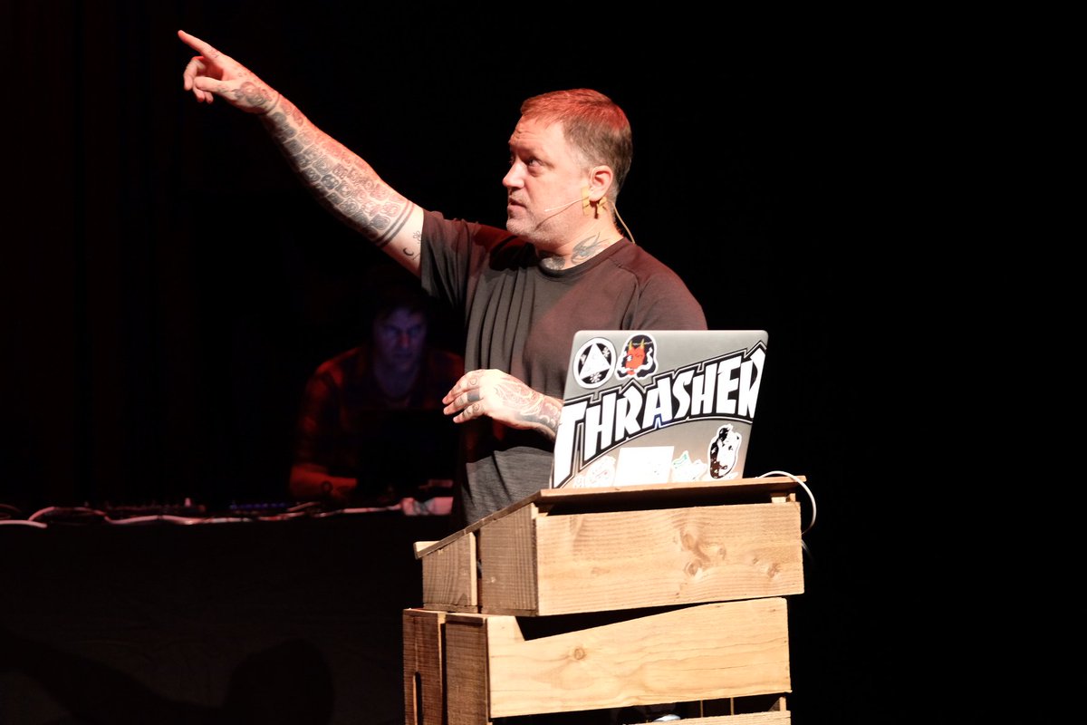 Final talk of the day: <a href="/JoshuaDavis/">Joshua Davis / praystation.eth</a> shows his stuff at #btconf.