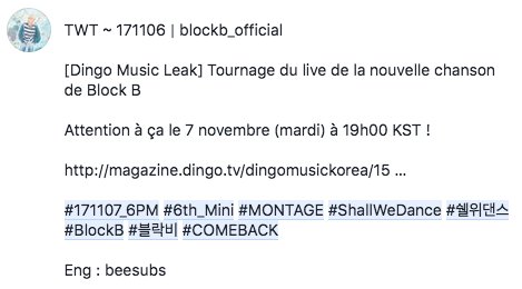 ZicoBlockbFr's tweet photo. TWT ~ 171106 | blockb_official
[Dingo Music Leak]
https://t.co/yCxpeVAvxc …
#171107_6PM #6th_Mini #MONTAGE #ShallWeDance #BlockB #COMEBACK https://t.co/gqNwfgSXjJ