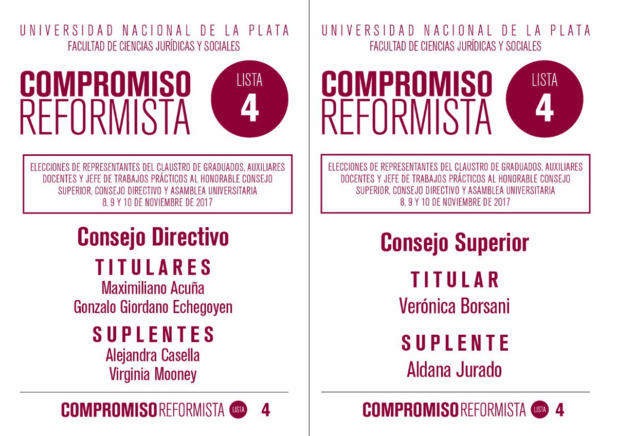 CR_UNLP's tweet photo. #CompromisoReformista #Lista4 #Graduados 8, 9 y 10 de noviembre @jursocUNLP https://t.co/fGgTAKrGsX