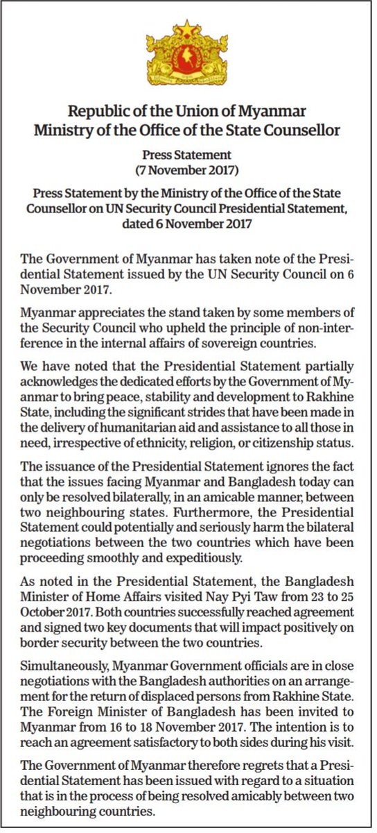 #Myanmar claims the issues with #Bangladesh (likely to mean #Rohingya #refugee crisis) is a bilateral one &amp; can be resolved amicably