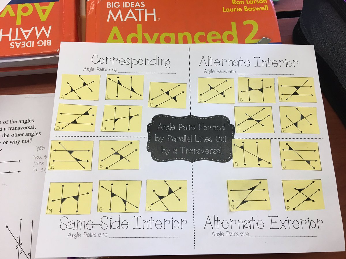 AnneNower's tweet photo. Students classifying angles formed by transversals and parallel lines #somanyangles https://t.co/zMiNbSq7Sy
