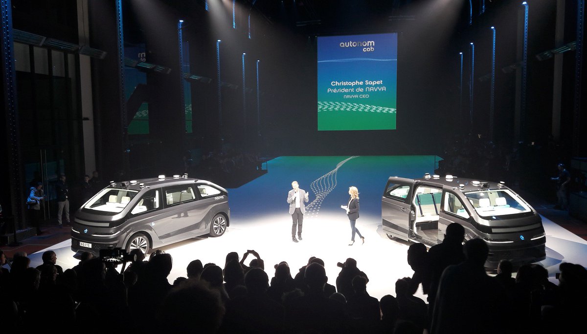 Valeo_Group's tweet photo. Mind-blowing show from @NAVYA_Group presenting the first taxi robot AUTONOM CAB equipped with Valeo’s SCALA® laser scanner. #autonomouscar https://t.co/K9llktVebS