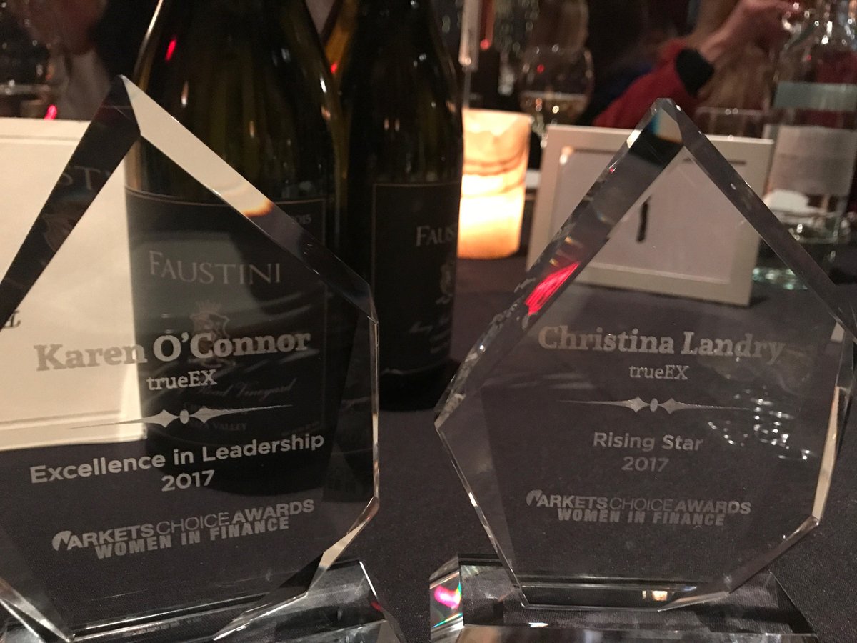 trueEX's tweet photo. Congrats to our Leader in Excellence Karen O'Connor and our Rising Star Christina Landry on their @marketsmedia Women in Finance Awards! https://t.co/FMmJtjIIlv