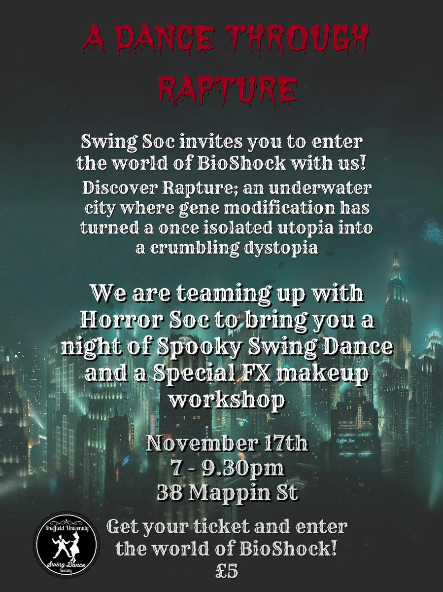ShefUniSwing's tweet photo. Our next social is a collab with @HorrorSoc Come along for a night of prosthetics and spooky swing dance! https://t.co/DQmnvJ0gEH