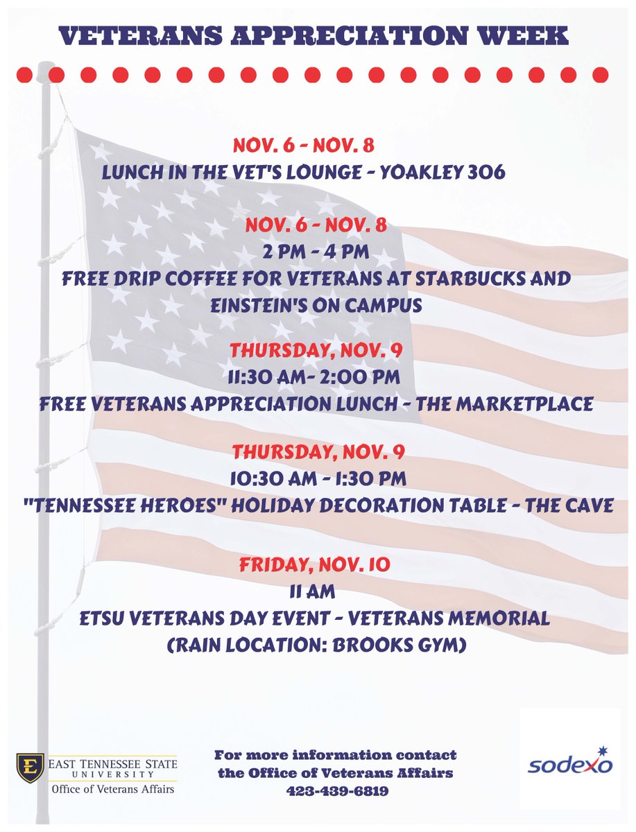 USVeteransMag's tweet photo. It’s #Veterans Appreciation Week at @etsu! Check out this week’s schedule to get involved! #VeteransDay #ETSU #Veteran #USVM https://t.co/HWKrT7BV28