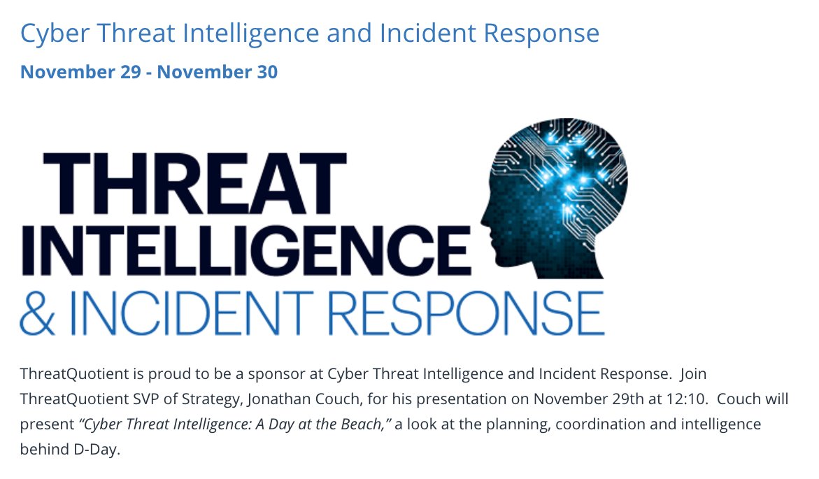 ThreatQ's @jonathancouch will present “Cyber Threat Intelligence: A Day at  the Beach” in the UK on Nov. 29 at 12:10 https://t.co/7f3XsoCU73, image size:1171x685