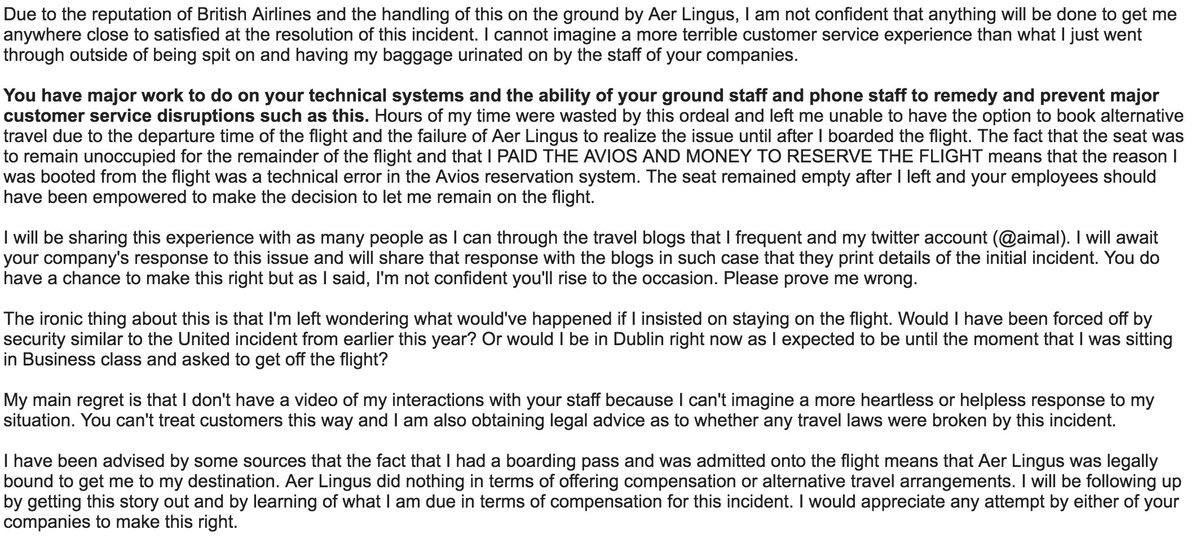 Aimal's tweet image. Photos of my email to Aer Lingus and British Airways leadership describing this incident, cc @OneMileataTime