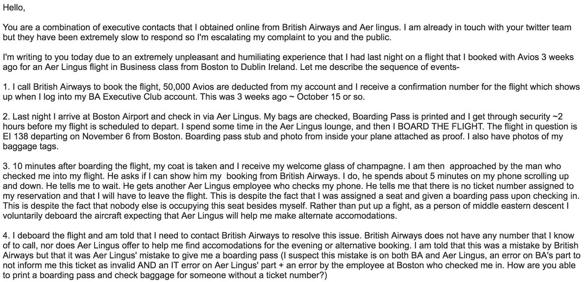 Aimal's tweet image. Photos of my email to Aer Lingus and British Airways leadership describing this incident, cc @OneMileataTime