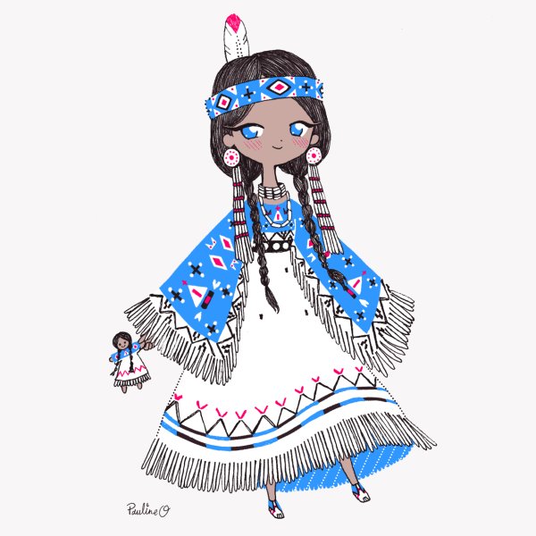 大高ポリン 北アメリカ地域に先住民族は数多く存在しますが その中のラコタ スー族は 美しい青色のビーズドレスが特徴的 信仰する青空の色を表しているそうです 大きなフリンジは 雨の時に水ハケをよくし 服がカビたり腐ったりするのを防ぐために
