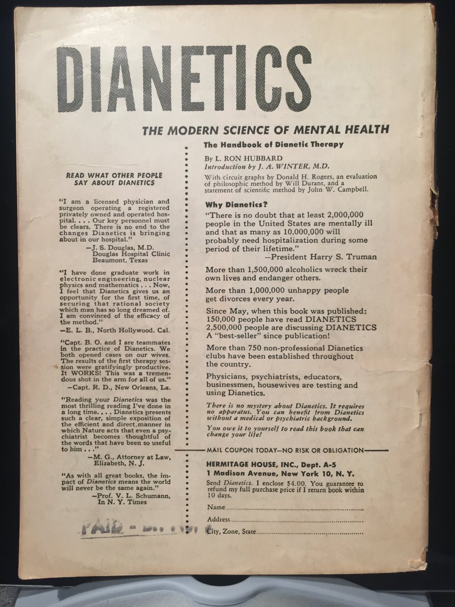 Vonster's tweet image. Hey @LeahRemini I spotted this back cover ad for Dianetics on a 35¢ 1951 Science Fiction magazine. #HowAppropriate