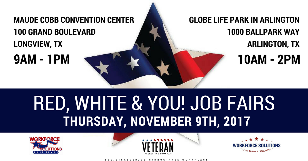TrinityJobs's tweet photo. Join us this Thursday, November 9th in #Longview, #TX from 9AM-1PM &amp; #Arlington,#TX from 10 am-2 pm for the Hiring Red, White &amp; You Job Fairs! We look forward to meeting you!
#work4Trinity #Veterans #TrinityVets https://t.co/94qXF8zqnX